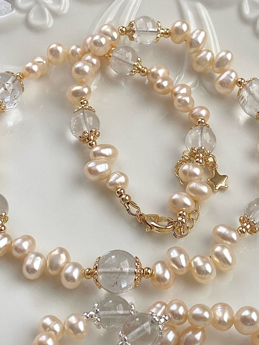 GP66-Handmade High Quality Champagne Freshwater Pearl And Clear Quartz Necklace - Picture 4 of 10
